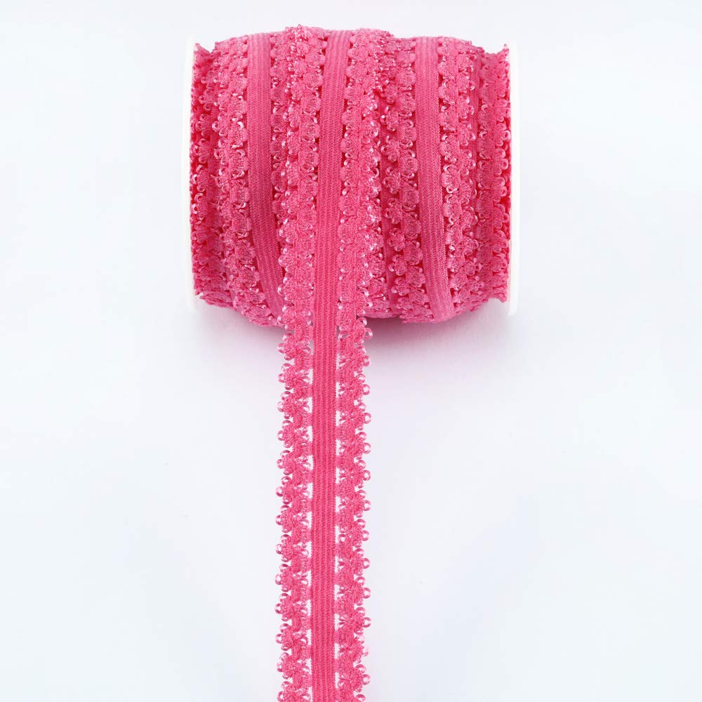 One Roll 16 Yards 3/4'' Picot Edge Stretch Lace, Frilly Edges Elastic Webbing,Lace for Headbands (Rose)