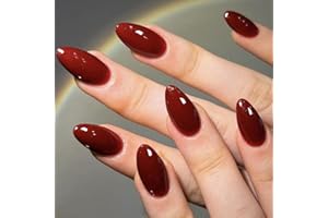 GLAMERMAID Cherry Red Press on Nails Medium Almond, Handmade Jelly Soft Gel Dark Red Glue on Nails Stiletto, Burgundy Emo Fake Nails Short Oval, Reusable Acrylic Stick on False Nails Kit for Women