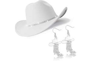 Aswitnove Cowboy Hat Rhinestone Cowgirl Boots Earrings Set Western Earring Felt Fedora Jazz Hat Rodeo Outfit for Women Size M