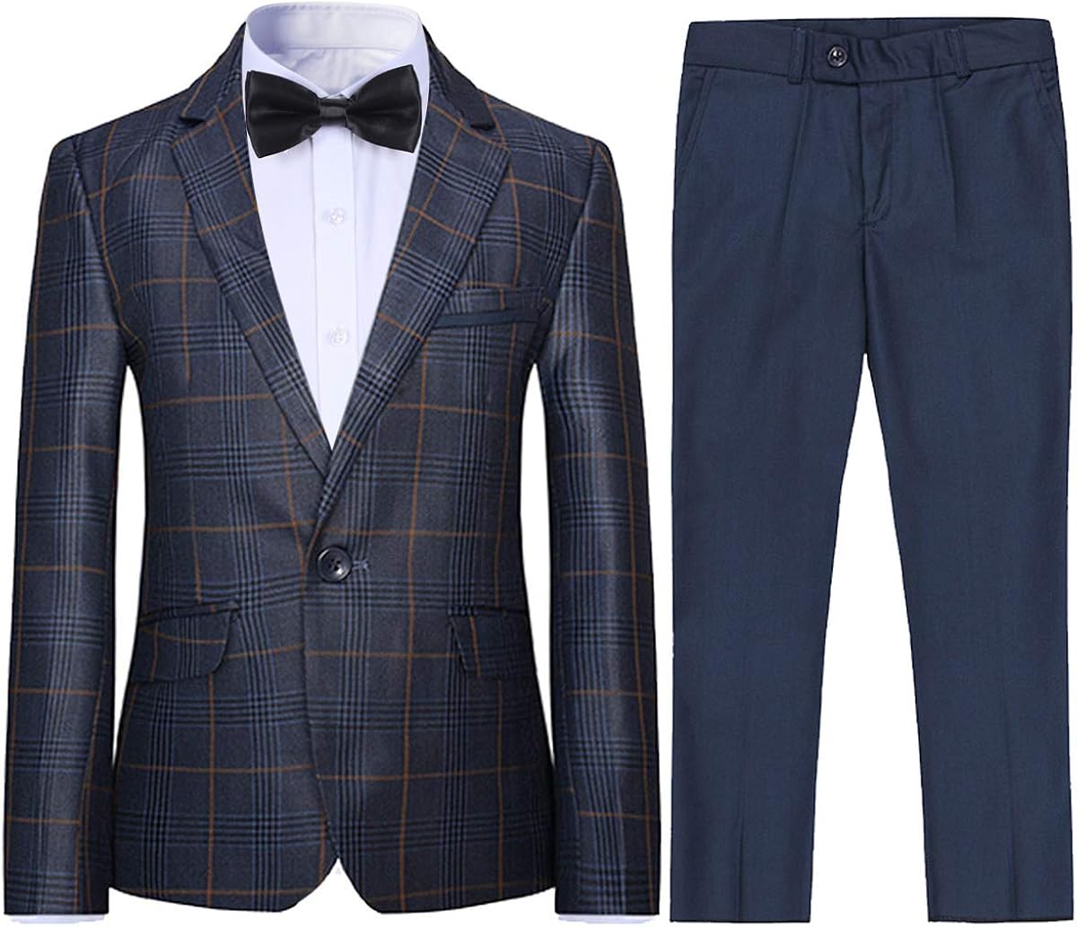 Boys Plaid Suits Slim Fit 3 Pieces Suit Set Jacket Vest Trousers for Wedding Party: Clothing