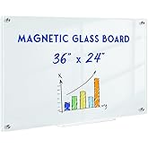 Magnetic Glass Whiteboard, 36" x 24", Frameless Wall Mount, Normal White | Glass Dry Erase Board for Wall, Includes 1 Marker Tray and 6 Magnets, White Board for Office, Home, Classroom