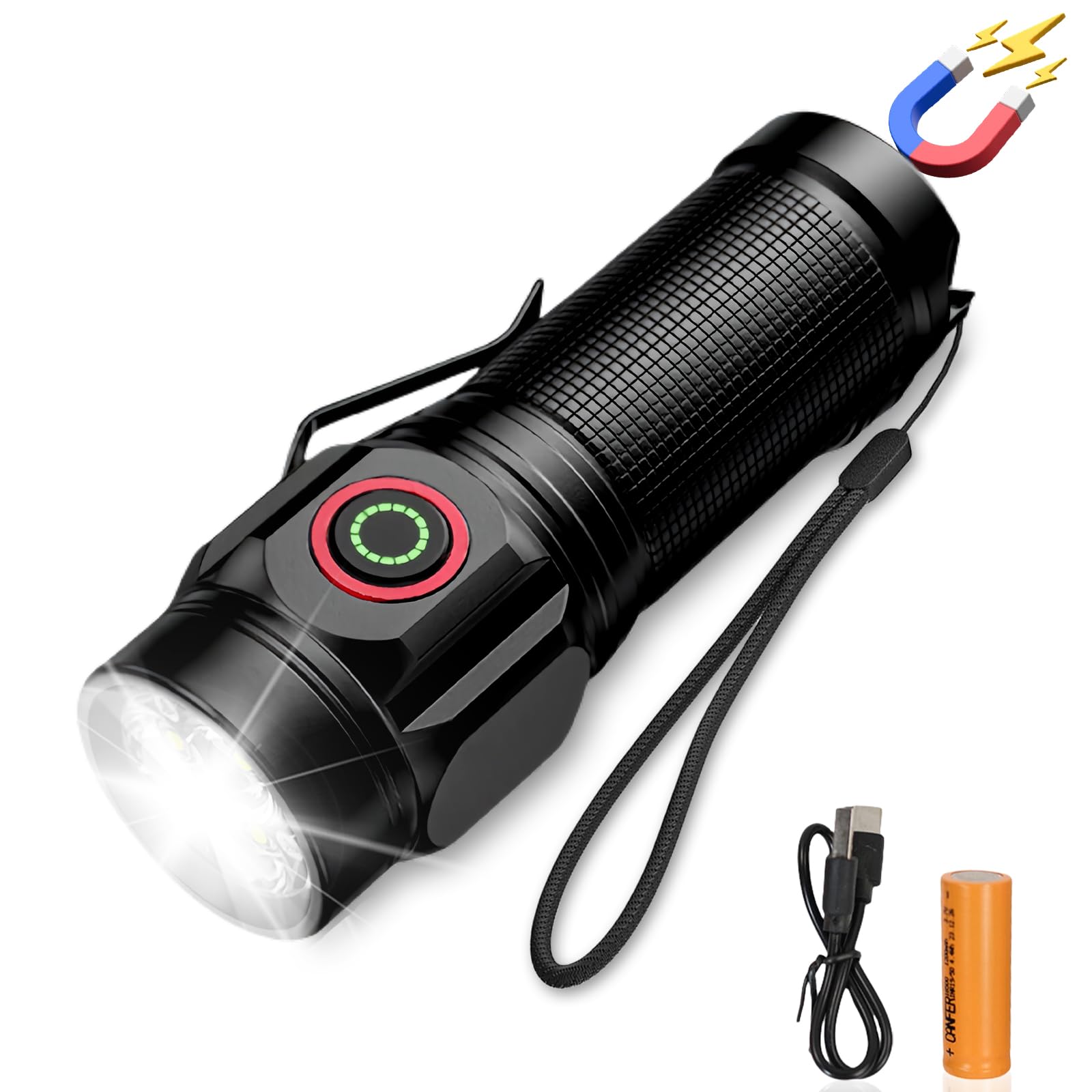 Flintronic LED Torch Rechargeable, Super Bright Flashlight, Powerful Torch with Clip, 5 Lighting Modes, Adjustable Focus, Water Resistant for Camping, Running, Dog Walking, Emergency
