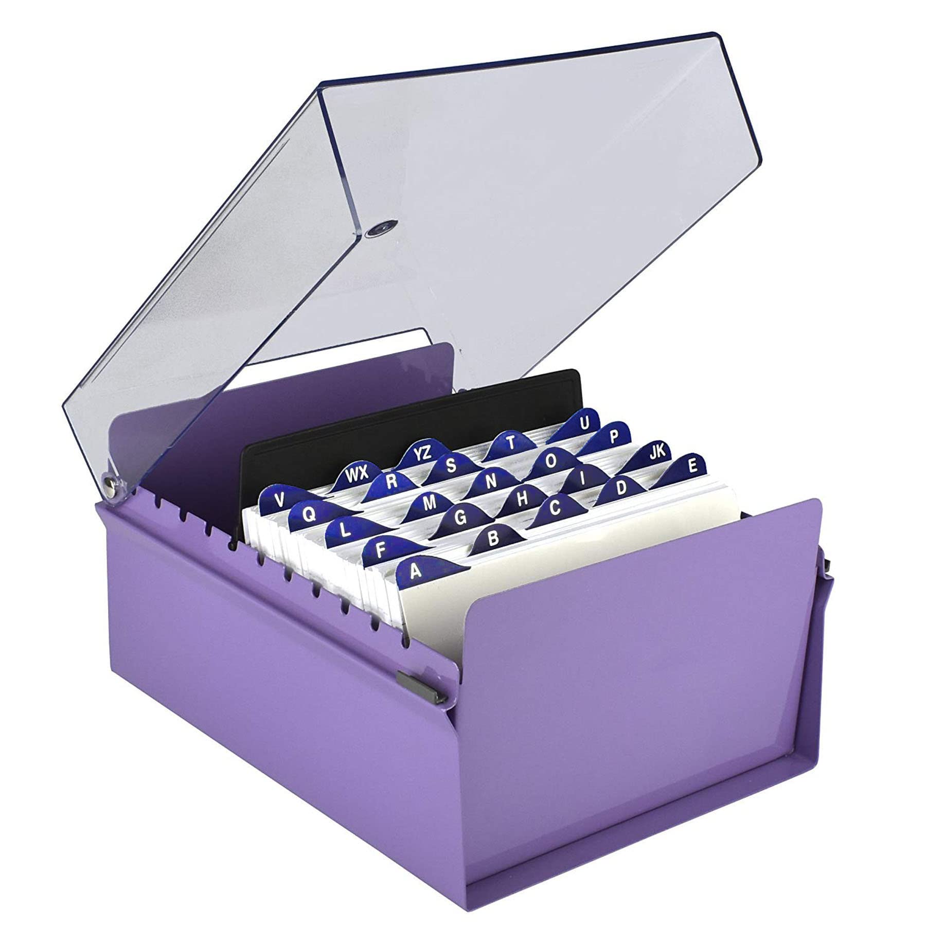 Acrimet 5'' X 8'' Card File Holder Organizer Box Metal Base Heavy Duty (AZ Index Cards 205mm width x 138mm height and Divider Included) (Purple Color with Clear Crystal Plastic Lid Cover)