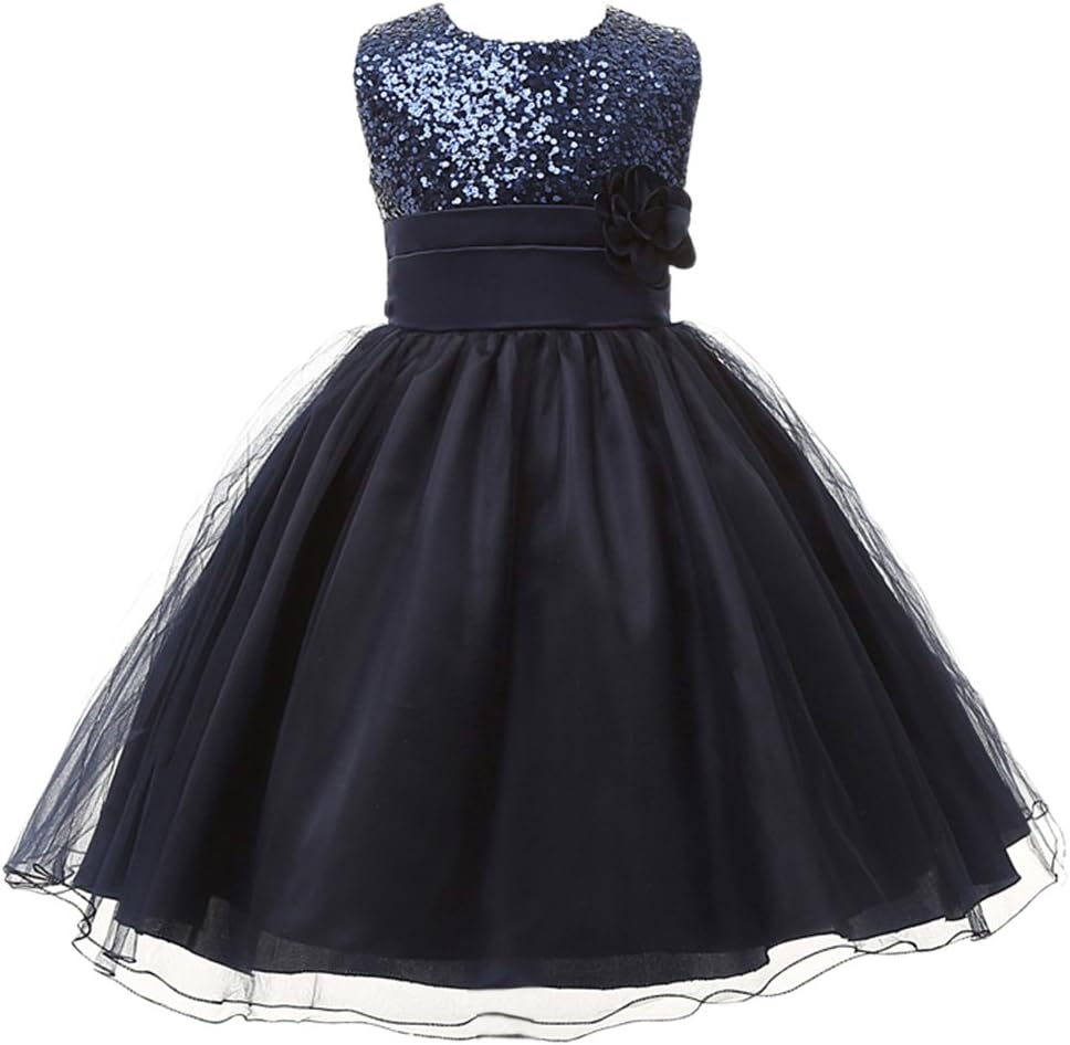 Csbks Little Girl Flower Sequin Princess Tulle Party Dress Birthday Ball Gowns 8 Navy Blue