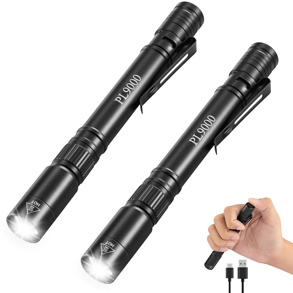 Photo 1 of 2Pack Pen Flashlight Rechargeable PL9000, 5Mode Bright Pen Light Flashlight High Lumens, Waterproof Pocket Flashlights, EDC Adjustable Tactical Flash Light, LED Small Lights with Clip for Emergencies