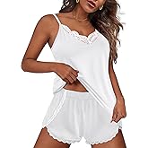 Ekouaer Pajama Sets for Women Lingerie Sleepwear 2 Piece Cami Split Short Set V Neck Lace Pjs