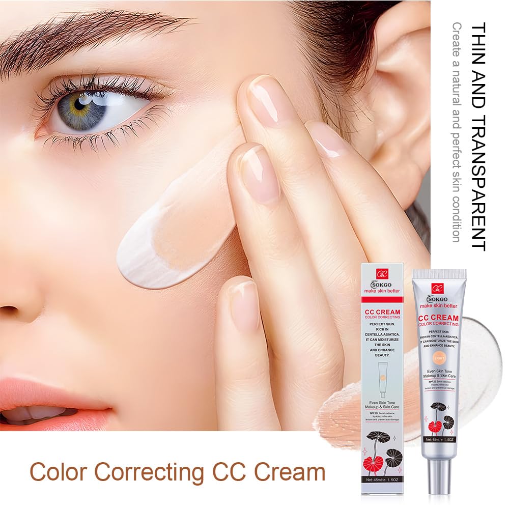 Fovcos Color Correcting CC Cream with SPF 25, Coverage Lightweight Foundation, Hydrating Serum, Even Skin Tone Makeup and Skin Care, Boost Radiance, Refine Skin Texture, Avoid Sun Damage (LightLight, 1PCS)