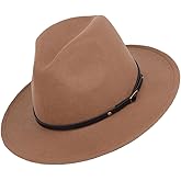 Womens Classic Wide Brim Wool Fedora Hat Panama Hat Felt Casual Hats with Belt Buckle Jazz Hat Trilby Hat (Khaki)