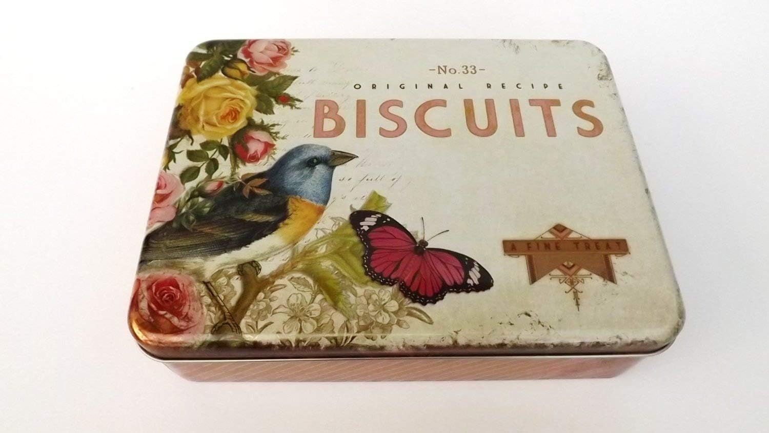 Vintage Retro Rectangular Cookie Biscuit Jar Tin Storage Airtight Roses, Birds & Butterly Nostalgia