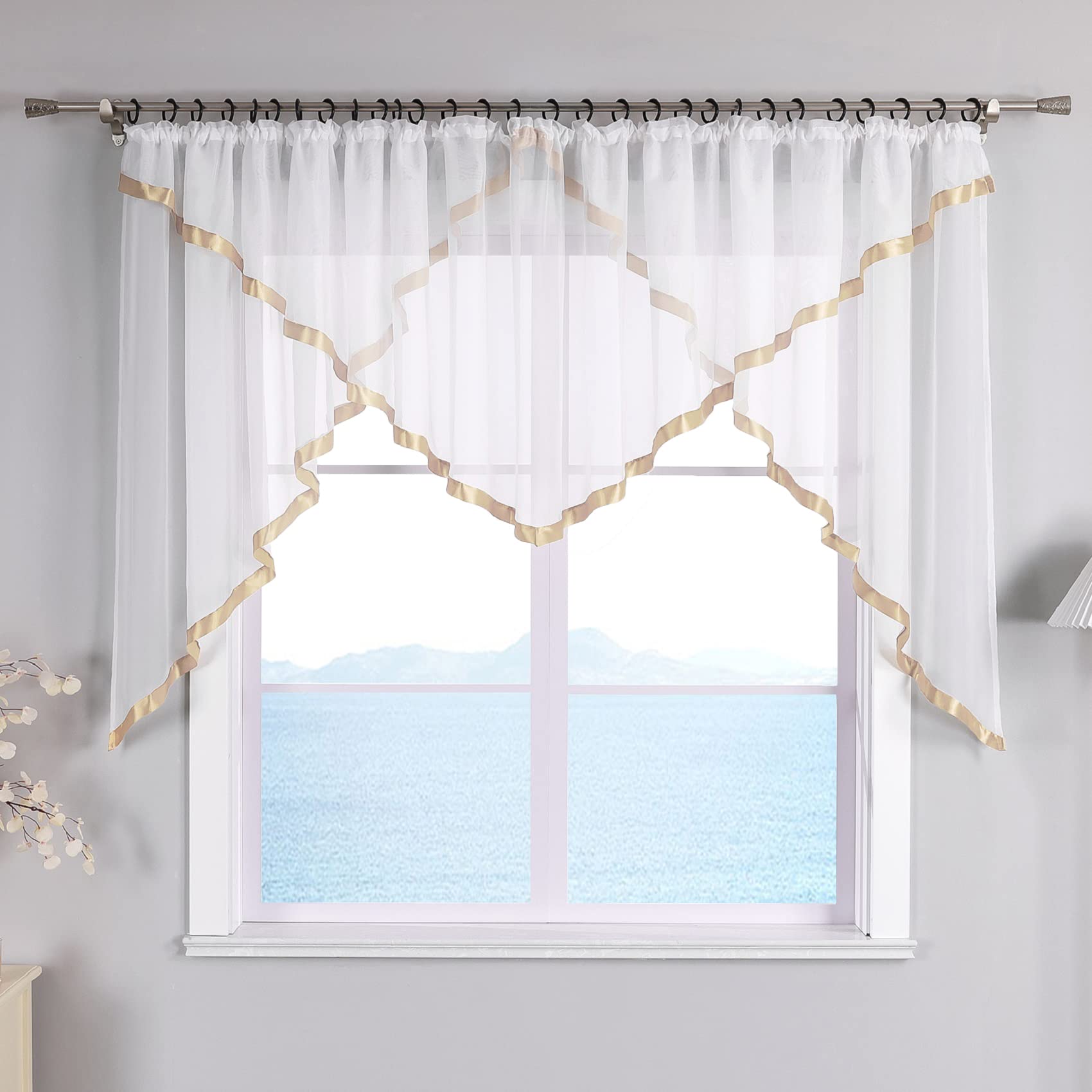 ESLIR Panel curtain with ruffle tape curtains kitchen bistro curtains transparent curtains with satin ribbon voile sand H x W 120 x 300 cm 1 piece