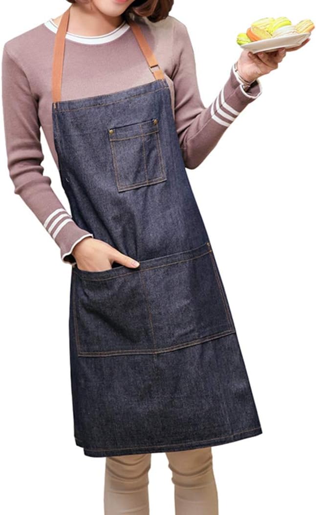 ZeMooon Cooking Apron for Women - Adjustable Chef Apron with 2 Pockets (Demin)