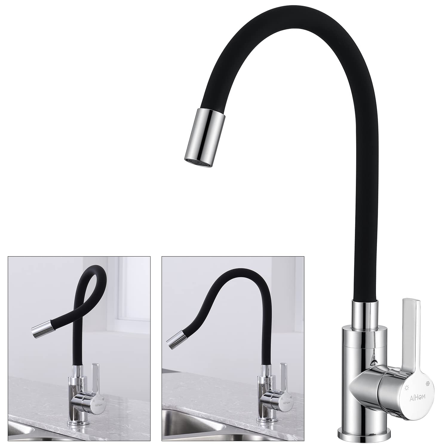 Aihom Black Kitchen Mixer Tap with Flexible Spout 360° Swivel Kitchen Faucet Single Lever Sink Taps in Brass Hot and Cold