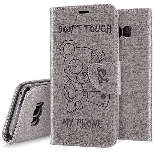 Galaxy S8 Plus Case, Galaxy S8 Plus Wallet Case,PHEZEN Cute Bear Don't Touch My Phone Design PU Leather Wallet Case Stand Flip Case with Credit Card Slot for Samsung Galaxy S8 Plus, Grey