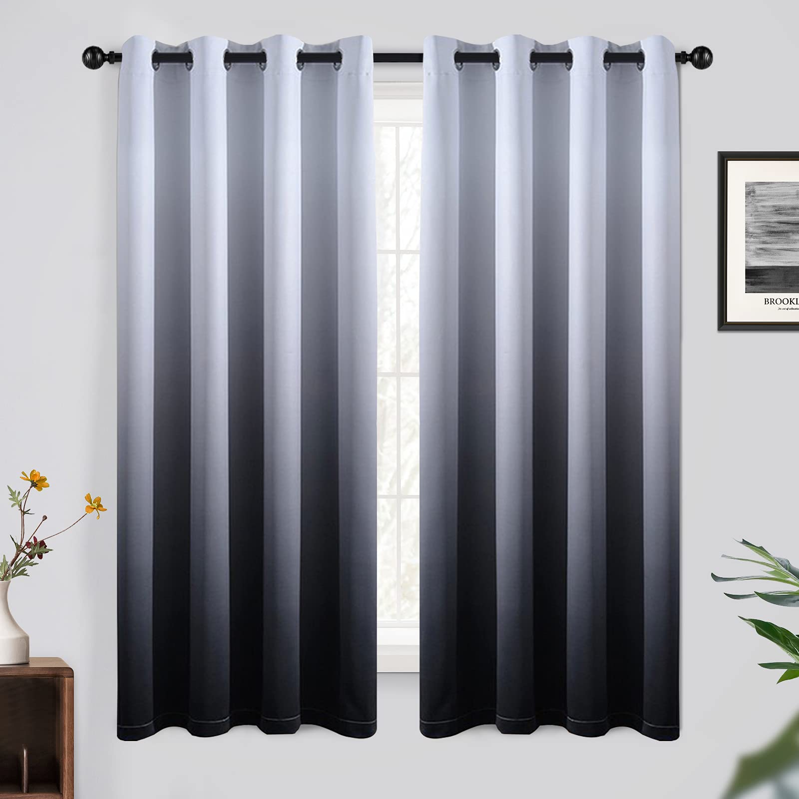Yakamok 63 Inch Long Ombre Blackout Curtains, Thermal Insulated Light Blocking Greyish White to Black Gradient Color Room Darkening Grommet Window Drapes for Living Room/Bedroom (2 Panels, 52W x 63L)