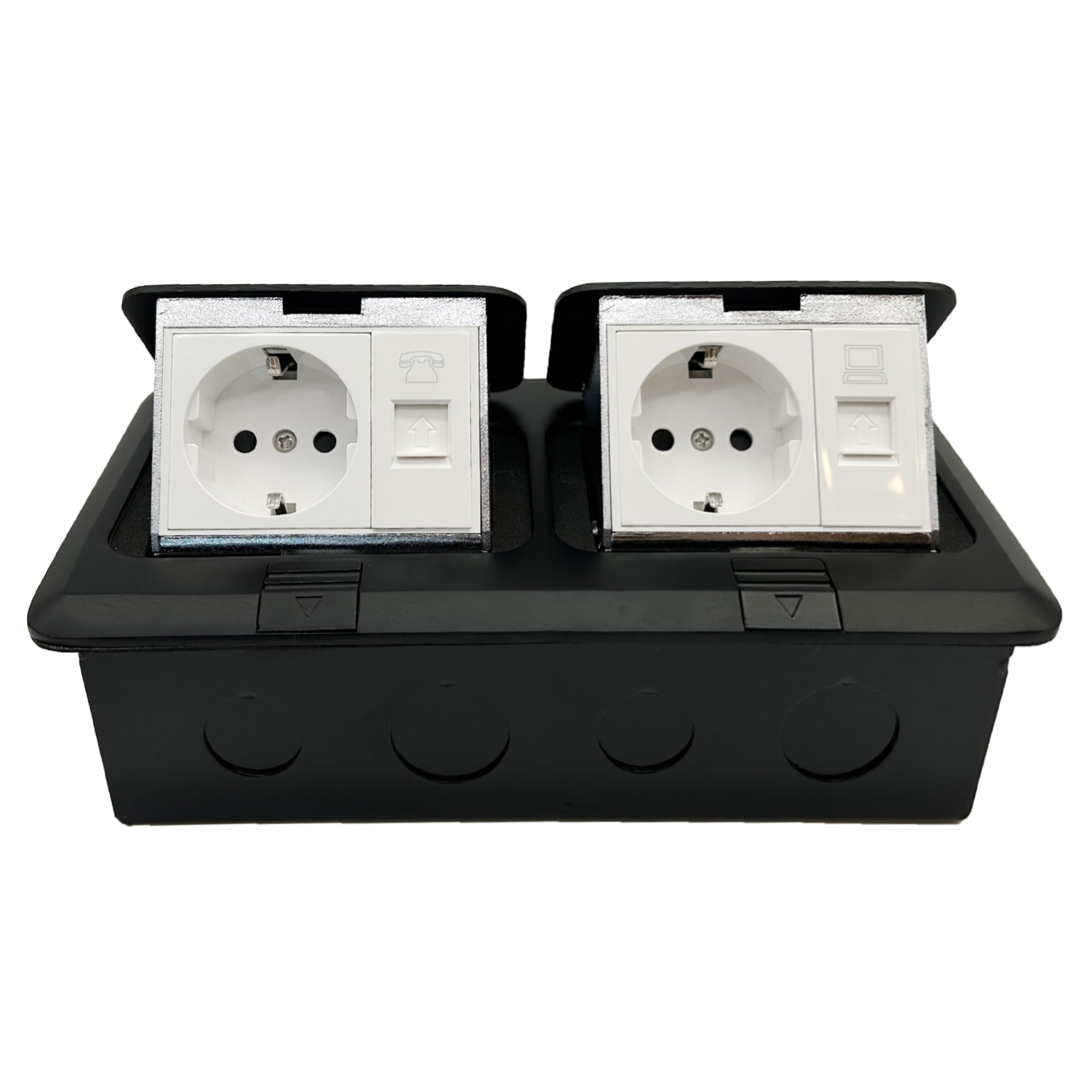 2-Way Built-In Socket Floor Socket, 2 Sockets, Retractable Socket Floor Socket for Floor Table Office Worktop Restaurant (Black, 2 Sockets + Net + Tel)