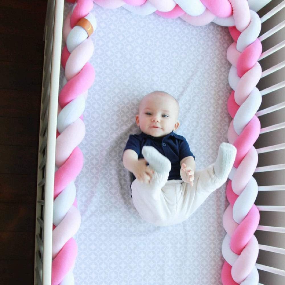 Baby Crib Bumper Plush Nursery Cradle Decor Knotted Braided Junior Bed Sleep Safety Bedside Padded Plush Cushion for Gift(157 Inch/4M, White+Pink+Rose)