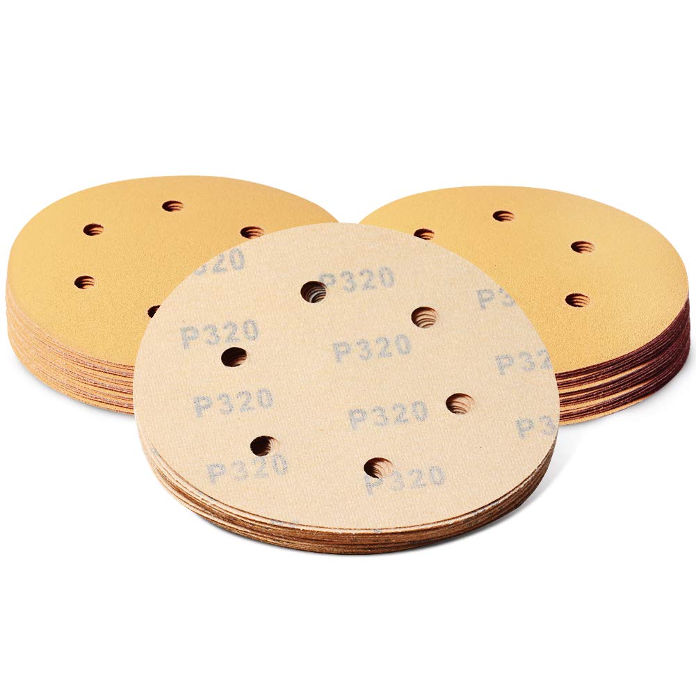 SPEEDWOX 50 Pcs Sanding Discs 6 Inches 320 Grit 6 Hole Hook and Loop Sandpaper Dustless Fit for Random Orbital Sander Assortment Yellow Finishing Discs for Automotive Woodworking
