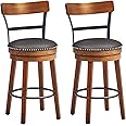 COSTWAY Bar Stools Set of 2, 360-Degree Swivel Stools with Leather Padded Seat, Single Slat Ladder Back & Solid Rubber Wood Legs, Counter Height Stools for Pub, Restaurant, Kitchen, Brown (2, 25.5)