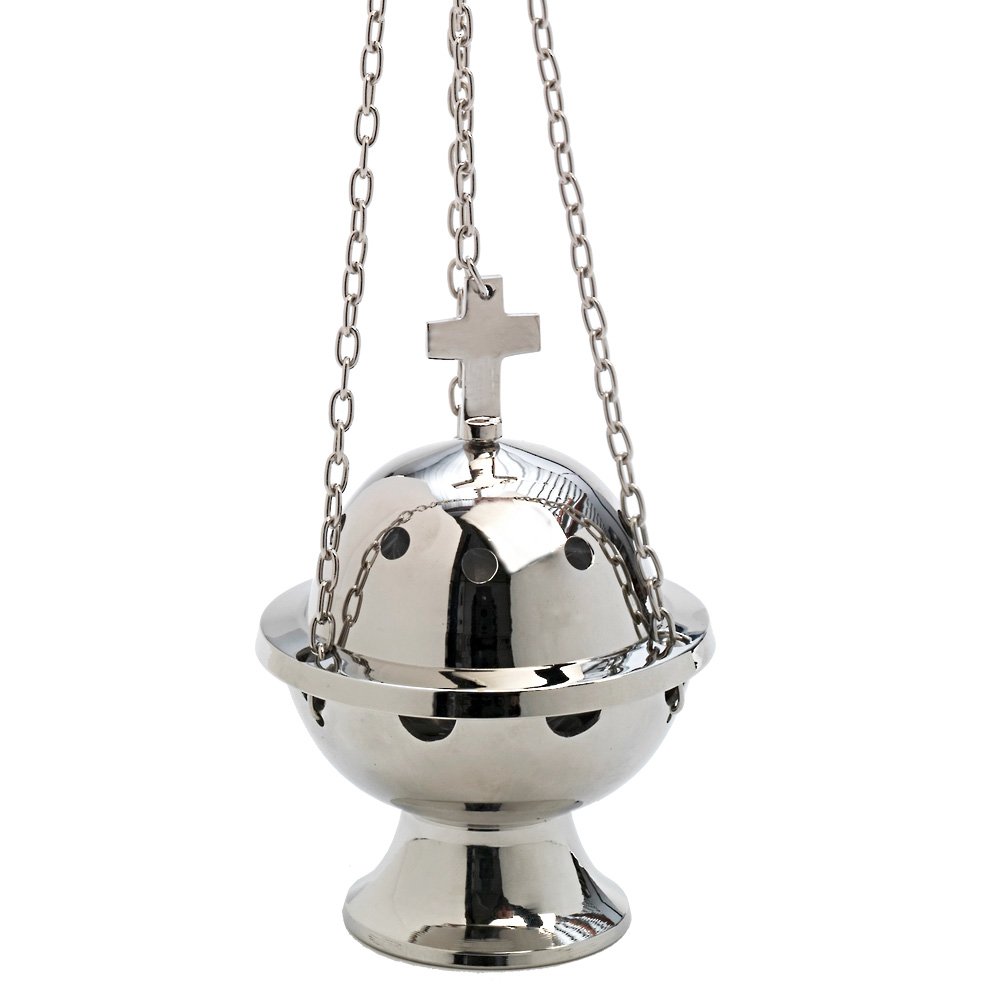 NKlaus incense burner nickel plated silver with cross chain 51cm deco 7590