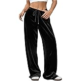 MakeMeChic Women's Velvet Drawstring Waist Pants Wide Leg Low Rise Baggy Trousers