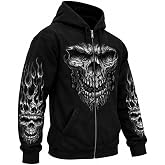 Hot Leathers Men's Shredder Skull Hooded Sweatshirt | Men's black zip hoodie with Shredder Skull graphics, YKK front zipper, kangaroo pockets and ribbed cuffs.