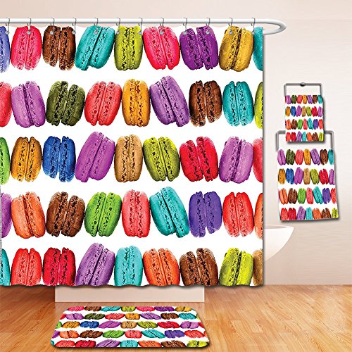 Nalahome Bath Suit: Showercurtain Bathrug Bathtowel Handtowel Colorful French Macarons in a Row Coffee Shop Cookies Flavours Pastry Bakery Design Multi