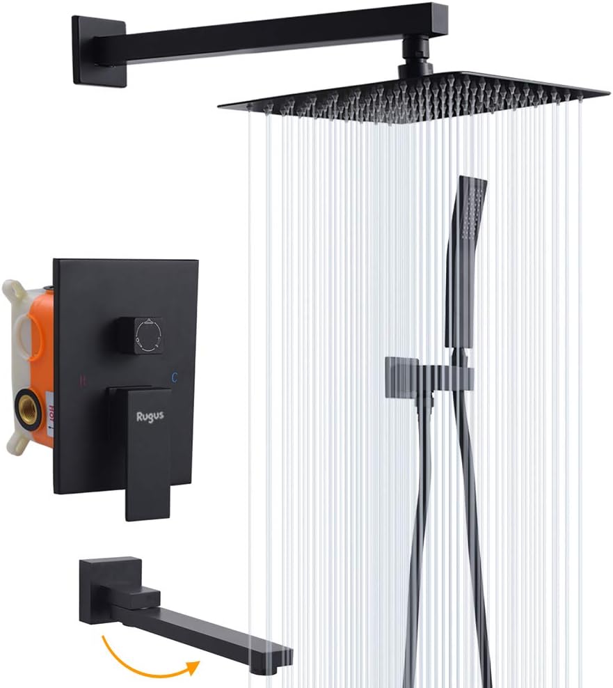 Rugus Shower System，Luxury Rain Mixer Shower Tub Spout Combo Set Wall Mounted Rainfall Shower Head System，10 Inch Square Rain Shower Head, Black Shower faucet rough-in valve body and trim - - 