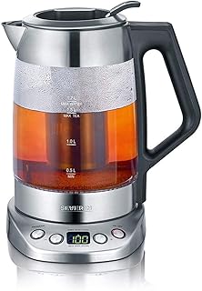 SEVERIN Glas-Tee-/Wasserkocher Deluxe, Mit Temperaturregler (Für 1,7 L Wasser/1,5 L Tee, ca. 3.000 W, WK 3479) edelstahl/schwarz