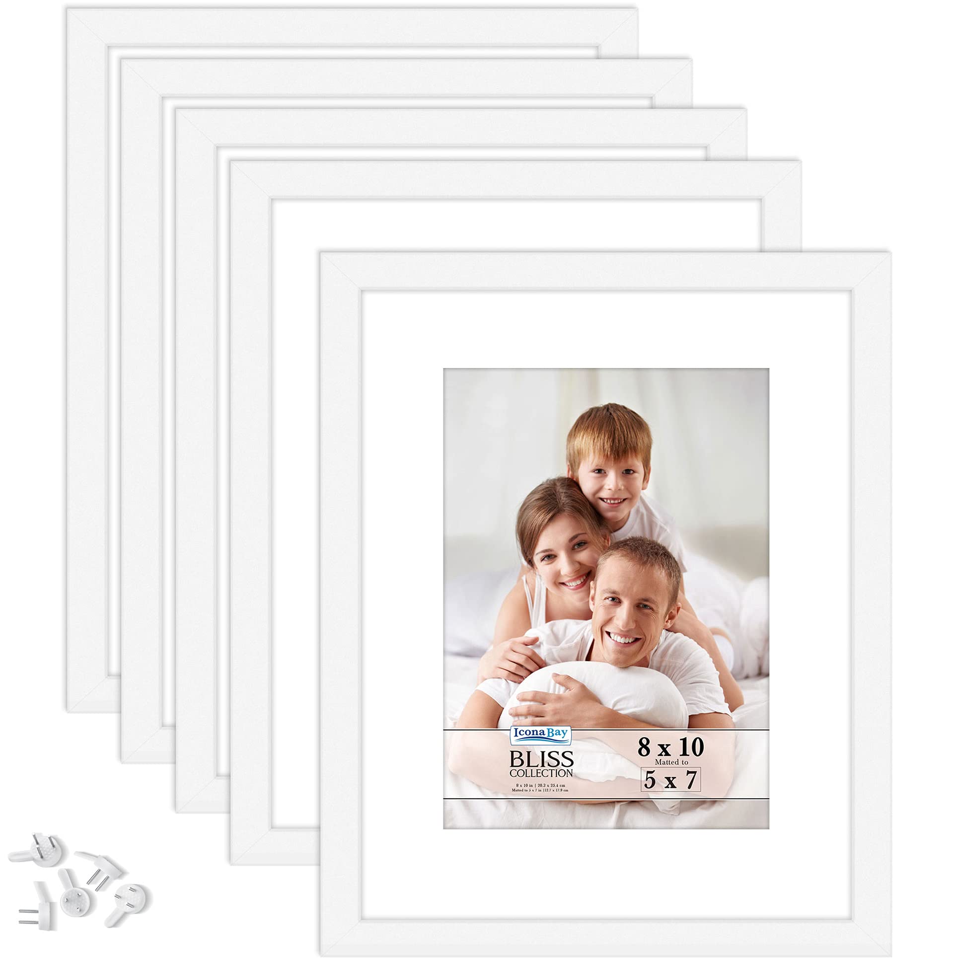 Icona Bay - 10x8 Picture Frames with Removable Mat for 7x5 Photos - White, 5 Pack - Modern Style Wood Composite Frames - Table Top or Wall Mount - Bliss Collection