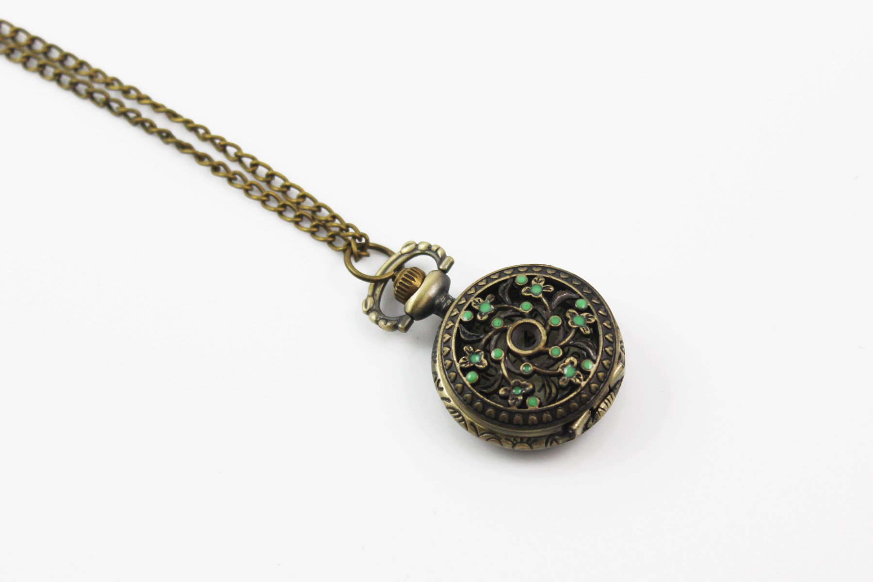 SEWOR Delicate Pandent Quartz Pocket Watch Green Flower Bronze Case