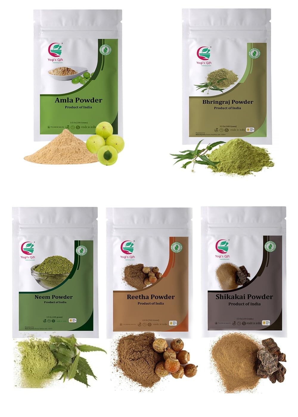 Herbal Powders for Hair (Each 100g) | Amla, Reetha (Aritha), Shikakai, Bhringraj & Neem | 100% Pure and Natural Herbal Combo | By Yogi’s Gift®
