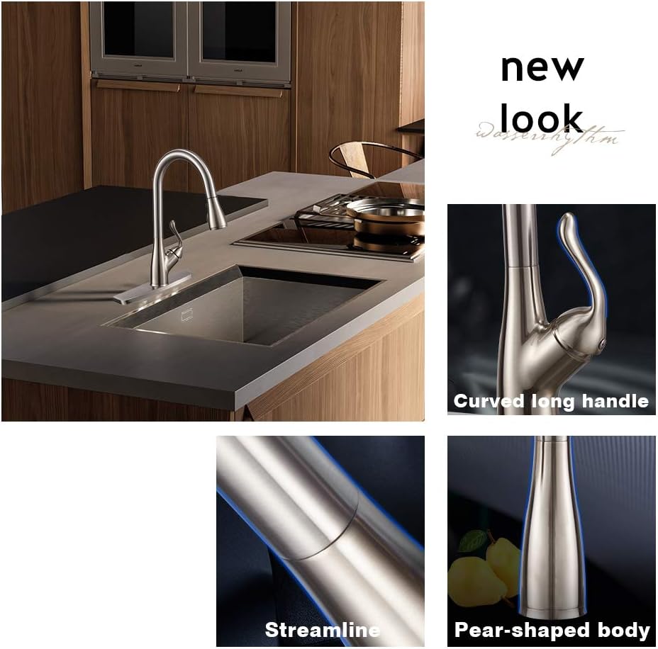Modern Single Handle Pull Down Sprayer Kitchen Faucet, Brushed Nickel Kitchen Sink Faucets Stainless Steel High arc with Deck Plate - - 