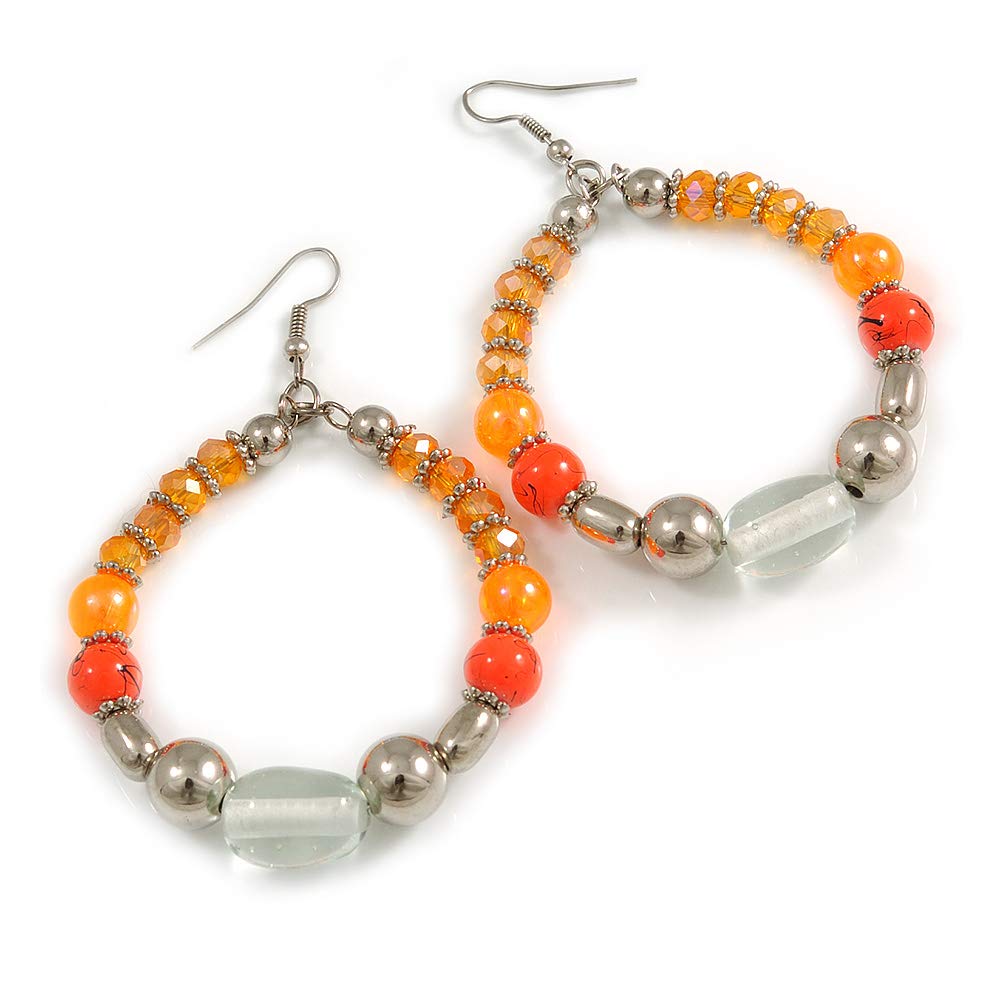Orange/Silver/Transparent Ceramic/Glass Bead Hoop Earrings In Silver Tone - 80mm Long