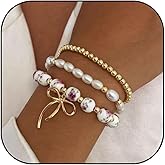 KOFISNI Gold Bow Bracelet Set for Women Beaded Bow Bracelet Stackable Stretch Bead Ball Bracelets Pearl Bracelets Fashion Jewelry for Women