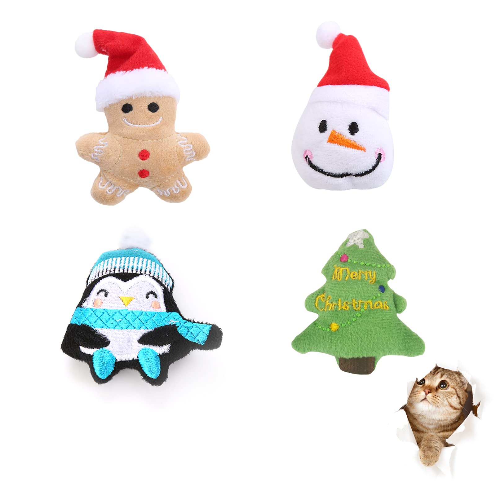 Andiker 4 PCS Christmas Catnip Toys, Kitten Chew Toys Indoor Interactive Teething Toys, Santa Christmas Tree Snowman Gingerbread Man Catnip Toys (4pcs)