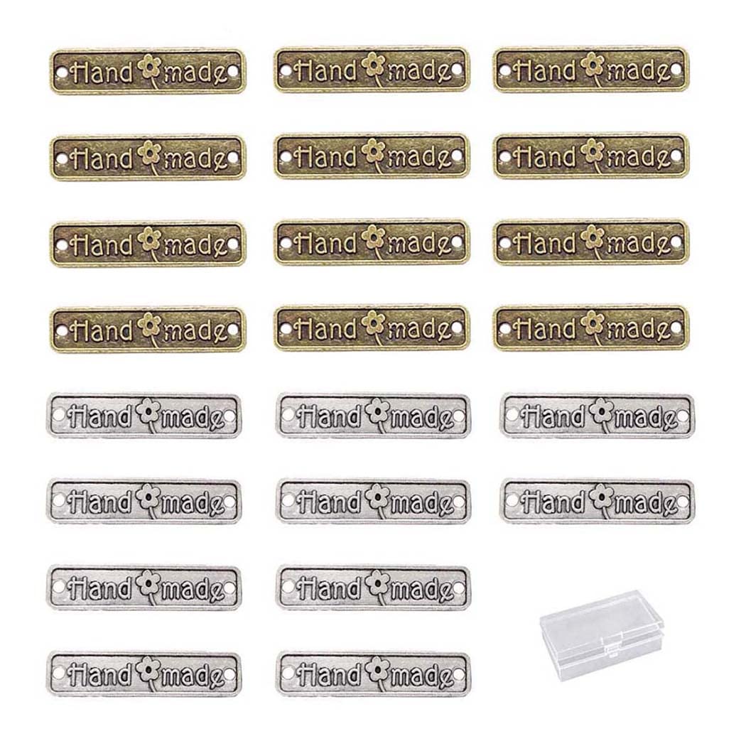 Borsgye 100PCS Alloy Hand Made Metal Tags Handmade Label Signs Tags Button Tibetan Alloy Labels Pendant Charms Jewelry Making Findings for DIY Craft Bag Purse Sewing Rectangle Tag - Bronze + Silver