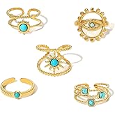 18K Gold-Plated Turquoise Ring Set for Women 5Pcs Vintage Boho Knuckle Rings Adjustable Stainless Steel Rings Starlight Devil's Eye Turquoise Ring Sun Feathers Wide Band Finger Stackable Rings Jewelry Gift