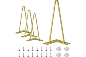 UKOSNA 16 Inch Hairpin Furniture Legs, Metal Home DIY Projects Heavy-Duty Replacement Feet with 2 Rods for Table, Coffee Table, Nightstand, Chair etc, with Rubber Floor Protectors, 4PCS, Gold