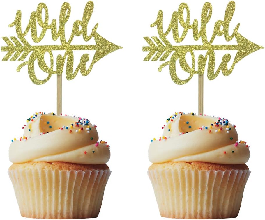 24 PCS Gold Glitter Wild One with Arrow Cupcake Topper for First Birthday 1st Birthday Party Decorations