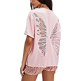 Women Butterfly Cutout Shirt Short Sleeve Crew Neck Solid Color Loose Fit Tee Vintage Y2K Streetwear Oversized Top