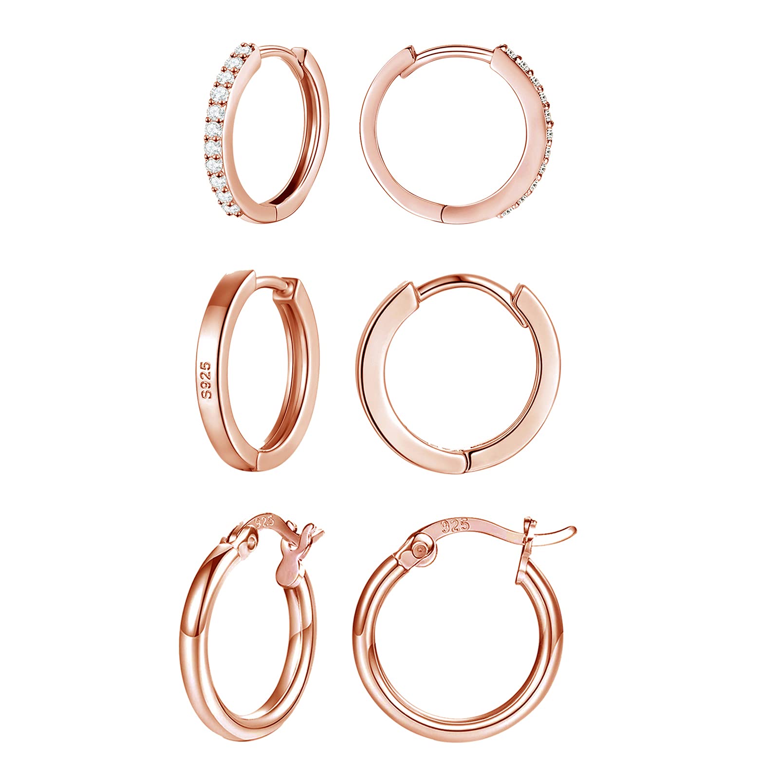 wynn's Silver Hoop Earrings for Women, 925 Sterling Silver Hoop Earrings Set, Rose Gold Small Sleeper Hoop Earrings, Hooped Huggie Cartilage Earrings for Women Girls (12mm Hoop Earrings*3)