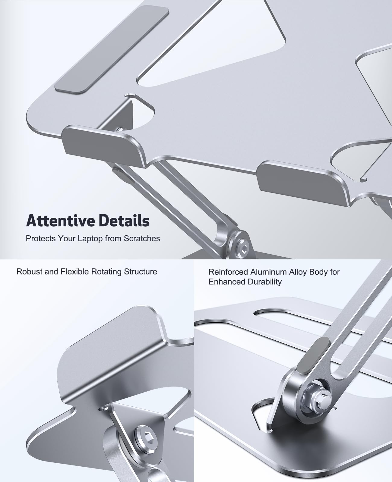 Soqool Adjustable Laptop Stand, Foldable Laptop Stand for Desk, Ventilated Aluminum Portable Laptop Riser, Notebook Computer Ergonomic Laptop Holder for MacBook Pro Air/HP/Dell (10-16'') Silver