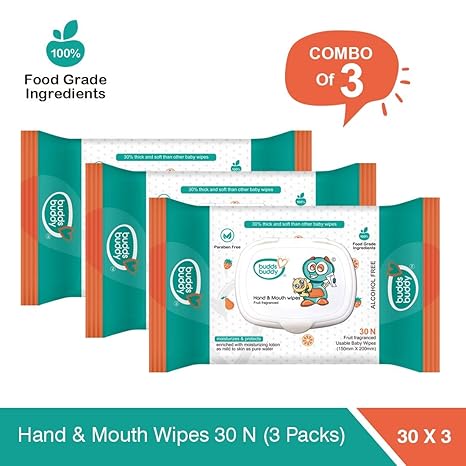 BuddsBuddy Baby Hand and Mouth Wipes, White -30 Pieces (Combo of 3)