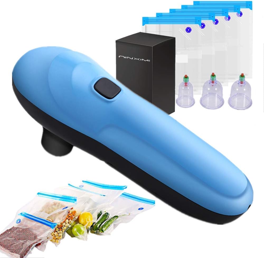 Multi-function Vacuum Sealer for Food Storage, Cupping, Ball Inflation etc. (5xReusable Sous Vide Bags, 2xCups, 1xBall Inflatable Needle)