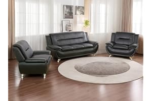 Dekmxas Leather Sofa Set (3-Piece, B-Leather Black) - Living Room Furniture for Apartment, Minimalist Style Material, Easy Assembly