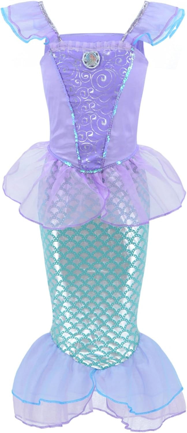 Little Girls Mermaid Princess Costume Dress for Girls Dress Up Party with Crown Mace 4-12 Years: Clothing