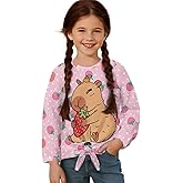 Belidome Girls Fall Shirt Size 5-12 Kids Long Sleeve Shirts with Tie Knot Cute Graphic Tee Tops Casual Crewneck Tshirts