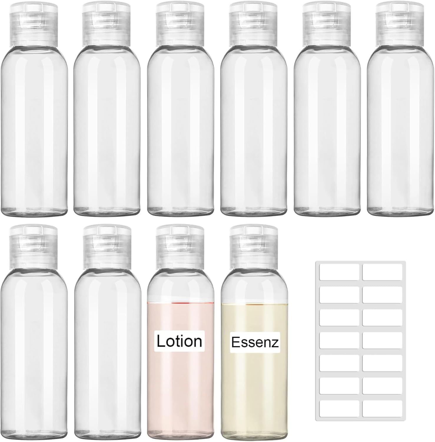 REJOECE 10 Pcs 100ml Travel Bottles Container for Toiletries, Flip Cap Plastic Squeeze Bottles with Labels Use for Shampoo, Lotion