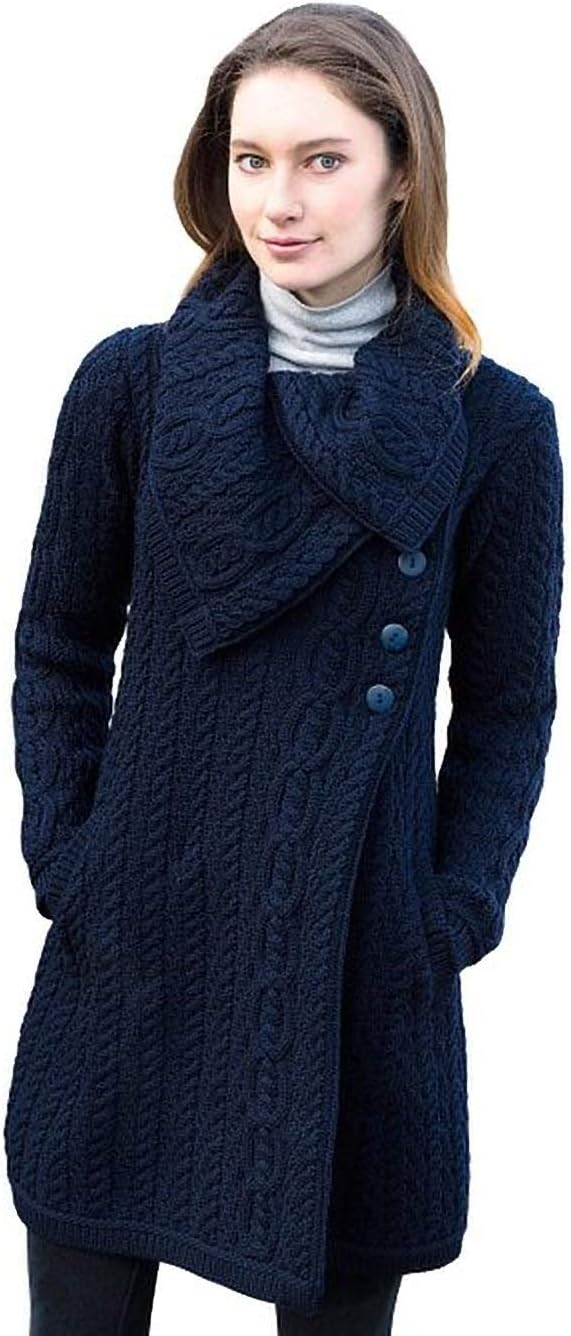 West End KnitwearLadies 100% Irish Merino Wool Chunky Collar Buttoned Aran Coat by West End Knitwear Medium Navy