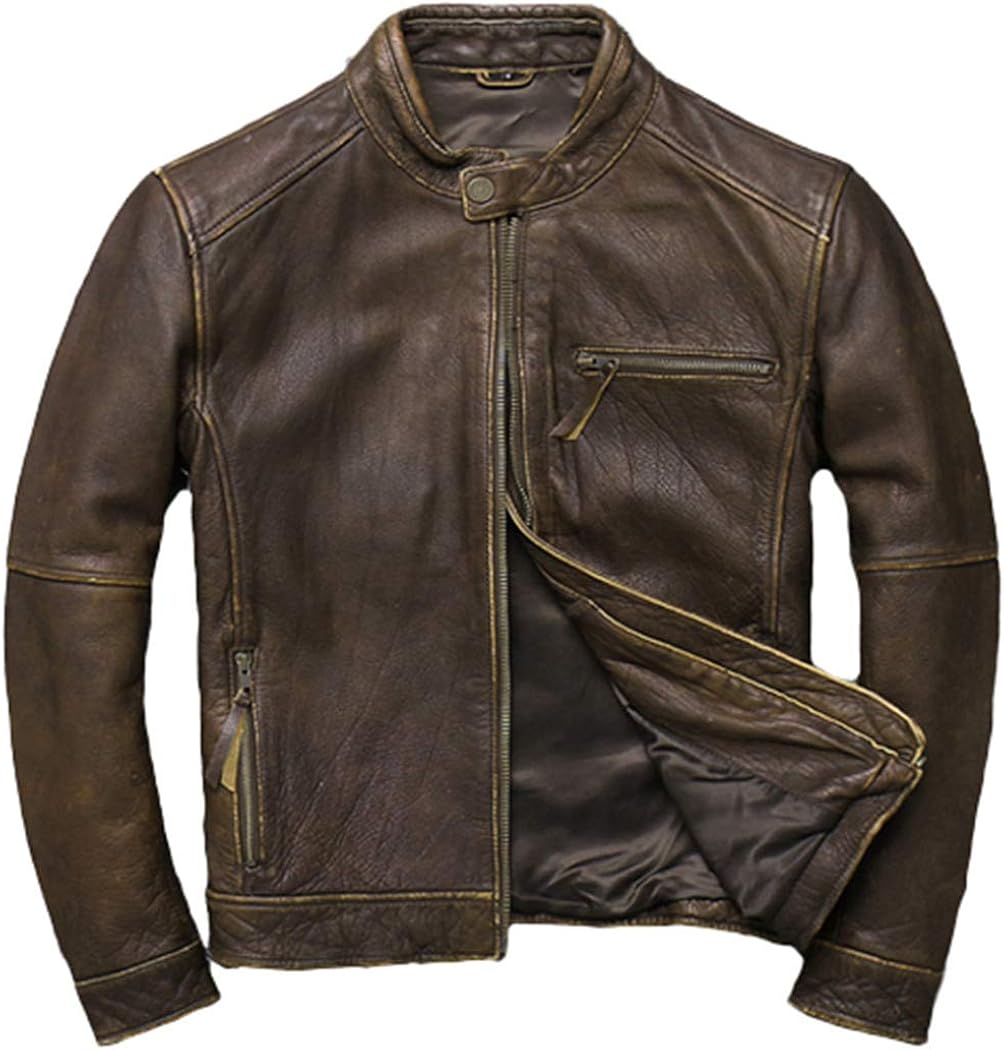 Men Vintage Genuine Cow Leather Jacket Plus Size Cowhide Leather Coat
